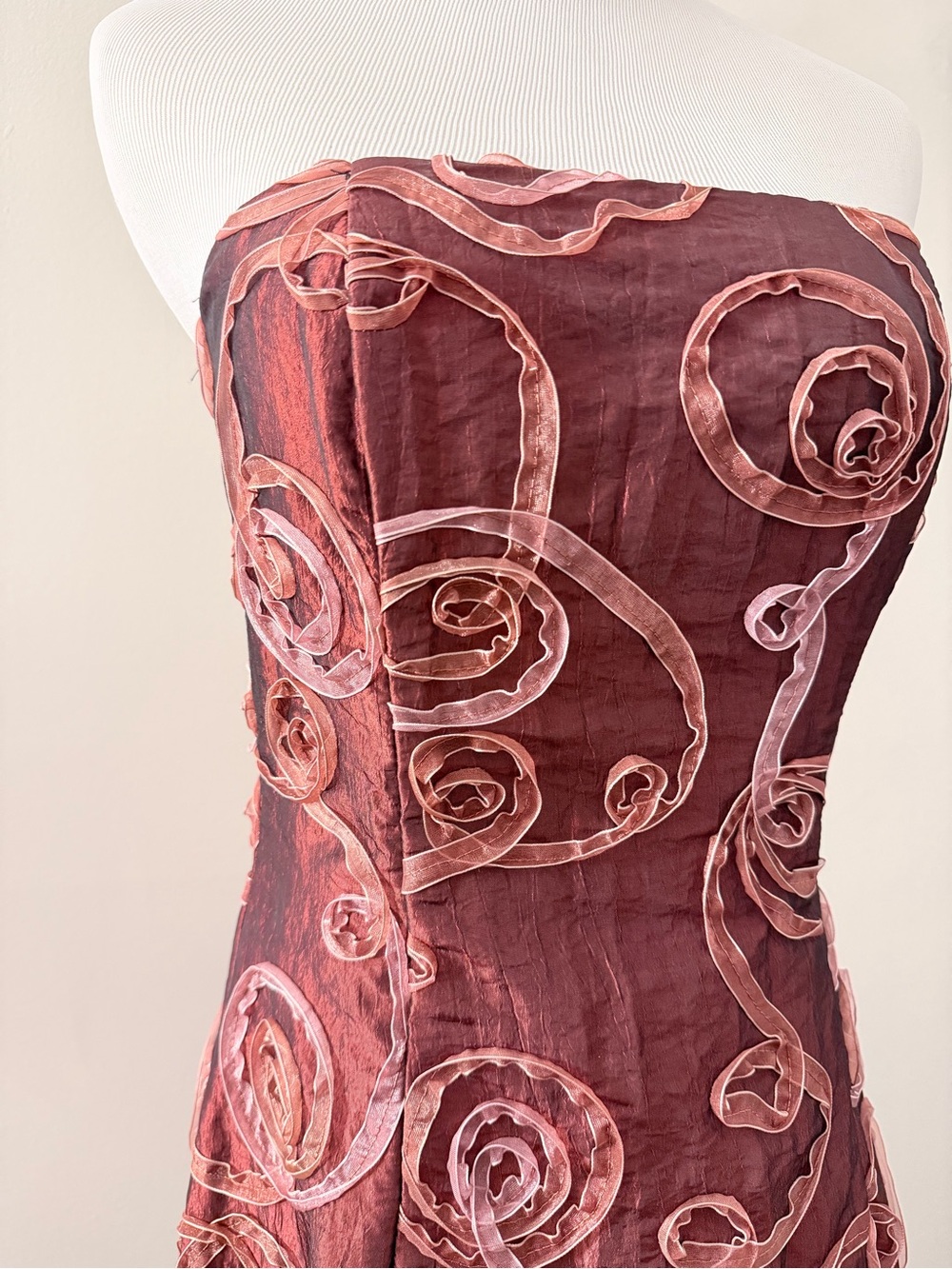 Jessica McClintock brownish red Maxi Dress strapless swirl ribbon vintage Y2K 6P - Picture 2 of 8